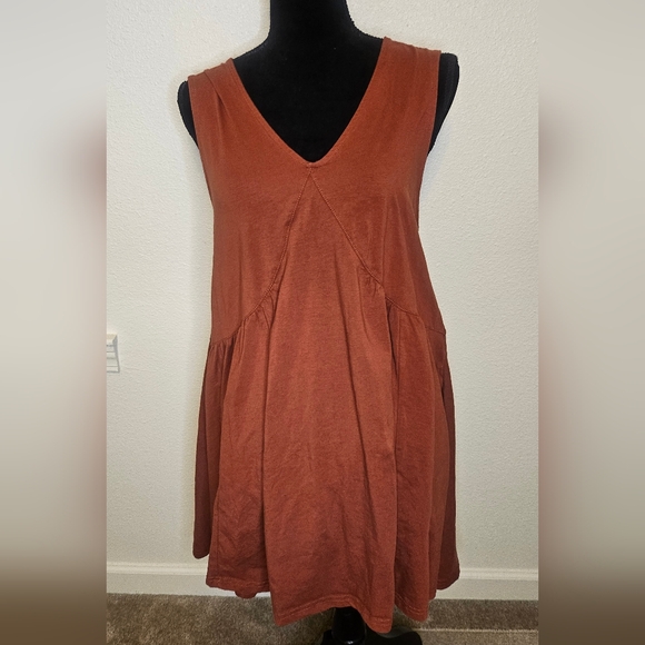 Rust Babydoll Cotton Mini Dress V Neck Size S - Picture 3 of 9